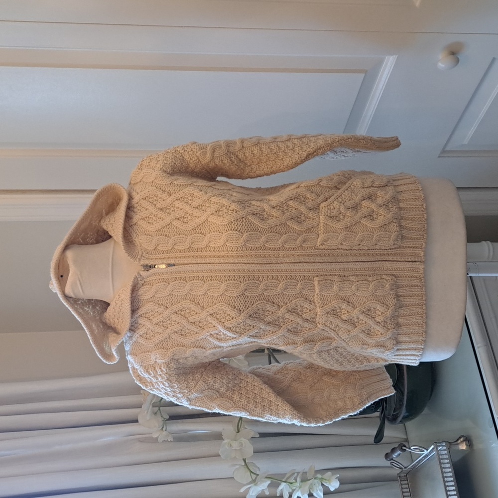 Blarney Woolen Mills Youth 100% Ivory Wool Hooded Cableknit Cardigan Sweater YL‎